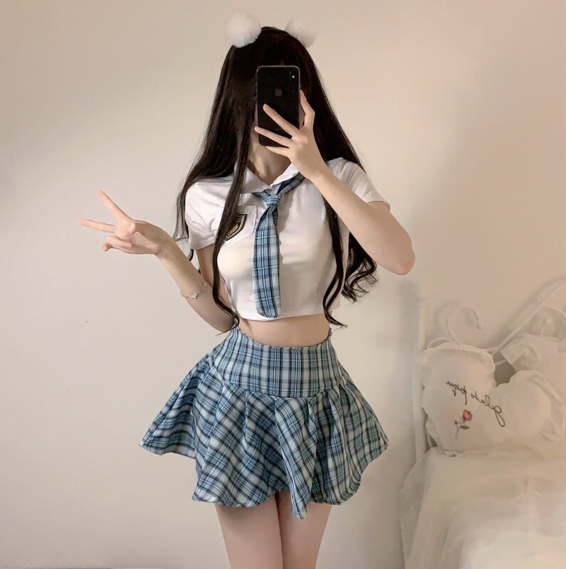 Sexy lingerie uniform seductive student wear plaid tie split pure Campus School Uniform role play