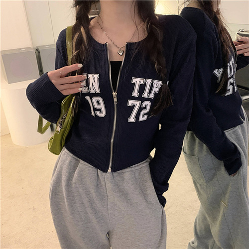 Letter printed short zipper cardigan coat for women's new loose slimming long-sleeved T-shirt niche hot girl top
