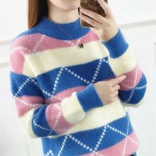 不掉毛】水貂绒拼色针织衫女加厚秋冬韩版宽松毛衣女条纹打底衫潮