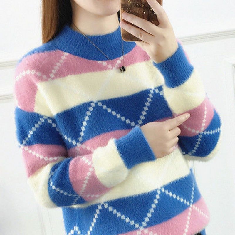 不掉毛】水貂绒拼色针织衫女加厚秋冬韩版宽松毛衣女条纹打底衫潮