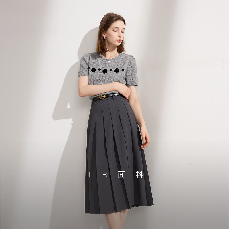 [Pleated Skirt] 5 Autumn New College Gray Mid-Length Skirt High Waist A-Line Small Women m