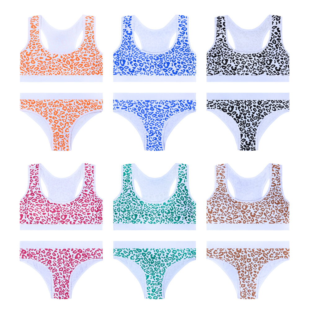 Ropa interior de desarrollo para niñas, copa fija de algodón con almohadilla para el pecho, sin anillo de acero, estampado de leopardo, sujetador de espalda deportivo para niñas