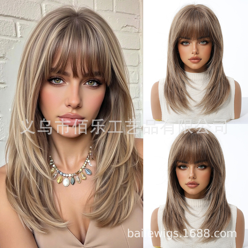 18inch Brown Wig with Bangs, Layered Long Straight Hair, European and American Hot Sale, In-Stock Wigs