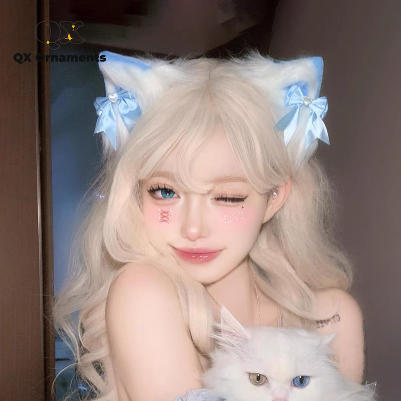 Blue Cat Ear Headwear Sweet Lolita Comic Show Maid Hairpin Cos Plush Cat Girl Animal Ear Hair Accessories Headband