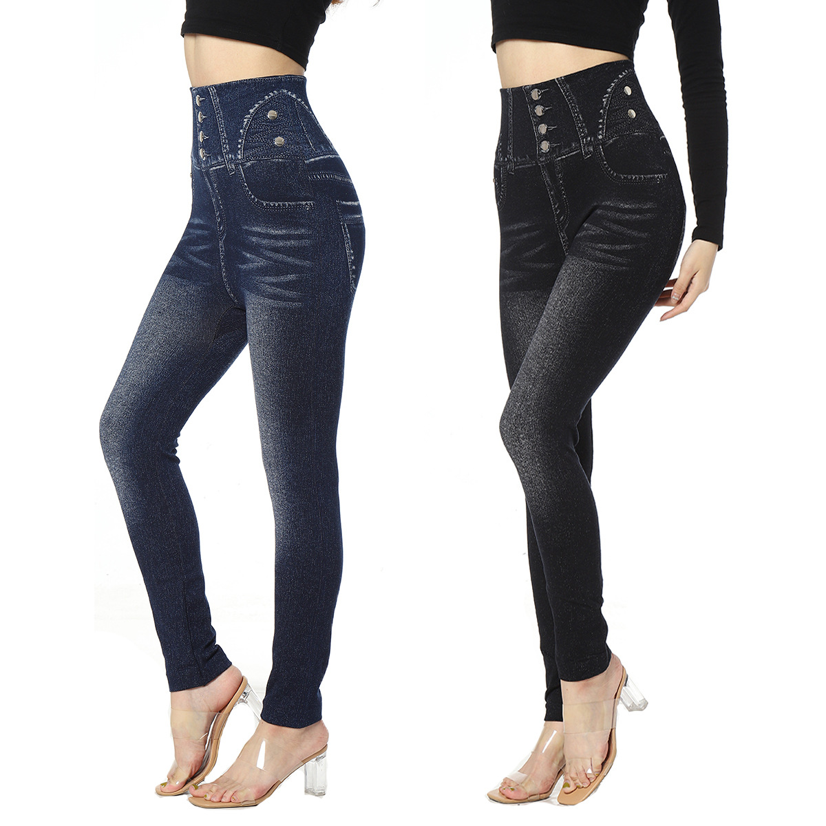 Leggings for Women to Wear Outside, Buttoned, High-Waisted, Tight-Fitting, High-Elastic, Large Size, Imitation Denim Nine-Point Pants