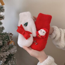 韩版百搭可爱学生手套女冬加厚保暖加绒兔毛DIY挂脖圣诞手套情侣