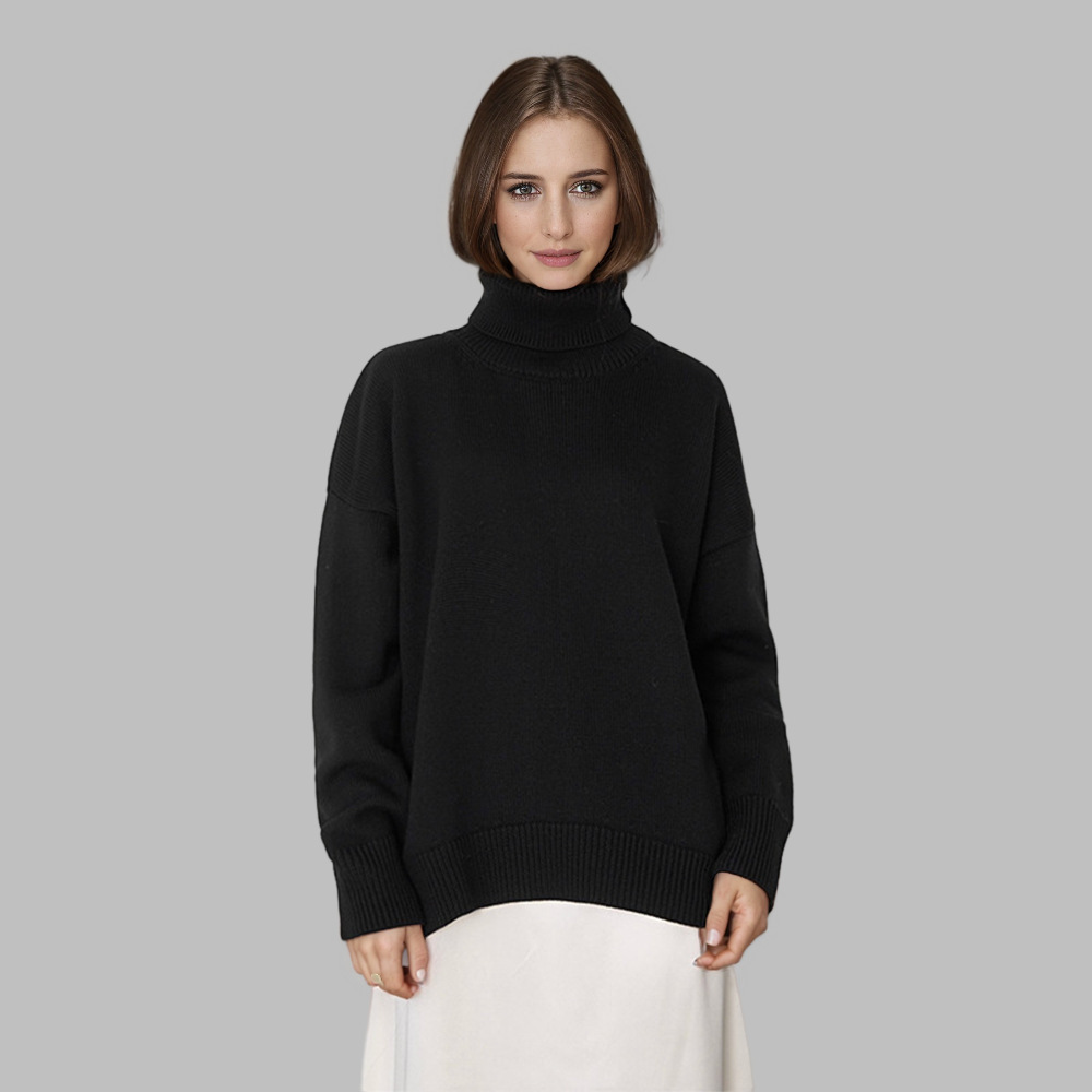 Comercio exterior transfronterizo de color sólido suéter de cuello alto mujeres Europa y América otoño y invierno suelto versátil clásico explosión camiseta de punto precio de fábrica al por mayor image 10