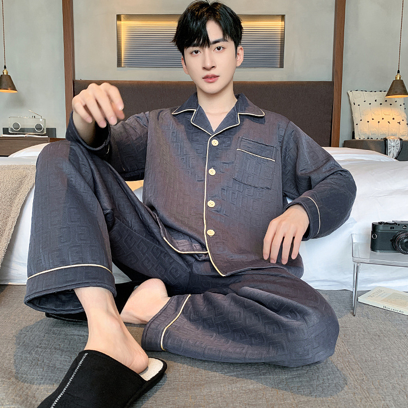Pijama de algodón de aire para hombres primavera y otoño invierno intercalado de manga larga de algodón para jóvenes engrosados Cardigan conjunto de ropa para el hogar