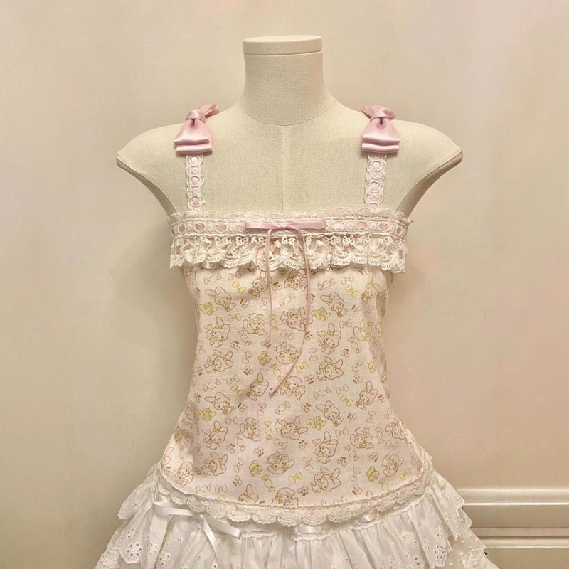 Pure Lusty Sweet Girly Lace Bow Camisole, Fresh and Slim-Fitting Outer Top