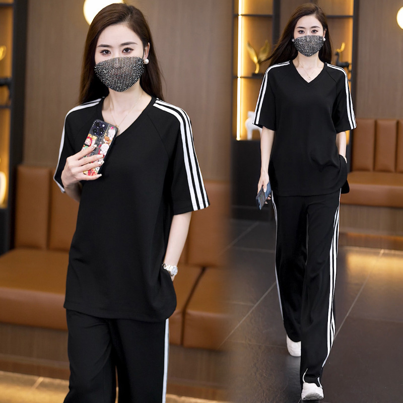 Imitation Cotton Casual Sports Suit for Women 2025 Summer New Fashion Loose Large Size Short-Sleeved Wide-Leg Pants Two-Piece Set Trendy