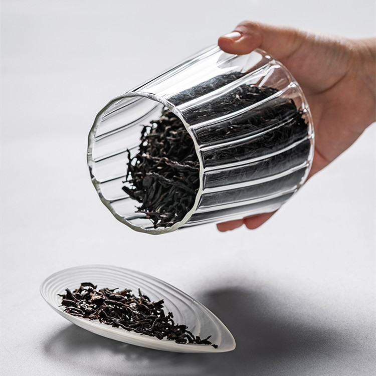 Tarro de té de vidrio de rayas cubierta de bambú metal tire sellado tarro transparente hogar granos de vidrio botella de almacenamiento