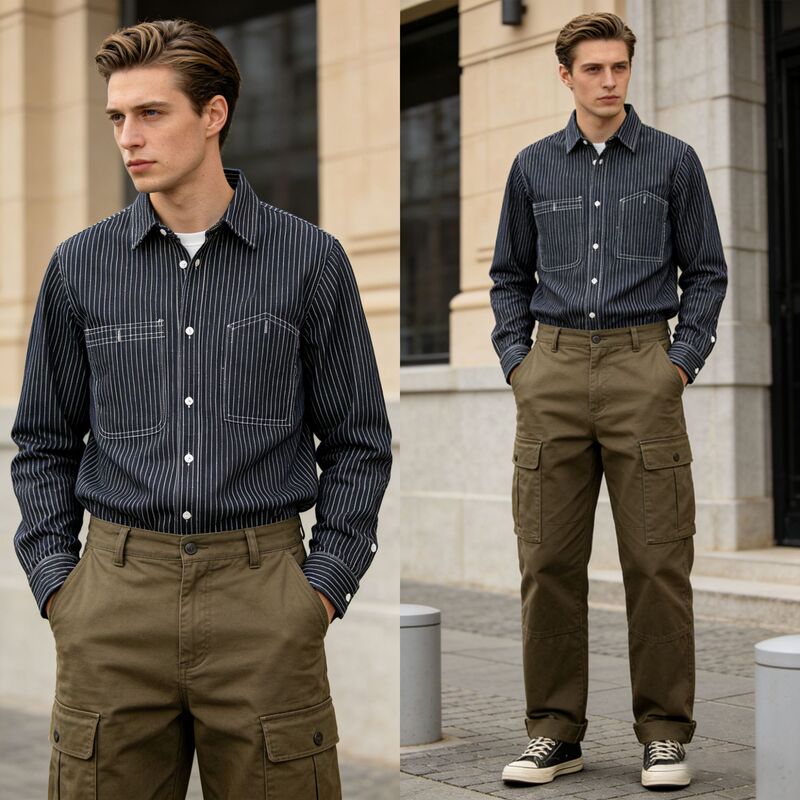 Special Edition Western Shirts Amekaji Railroad Vertical Stripe Shirt Hunting Workwear Long-Sleeve Shirt