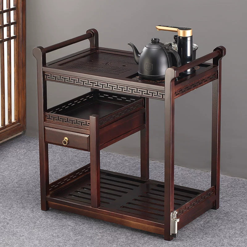Pear solid wood movable tea cabinet for home with kettle integrated small tea table minimalist Chinese-style tea desk storage stand