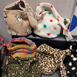 包包秋冬女2014韩国豹纹毛绒斜挎包羊羔毛托特单肩水桶包通勤韩版