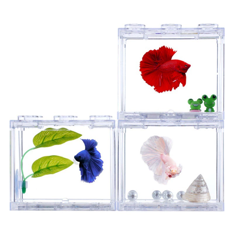Настольный аквариум Thai Dou Fish Маленькая декоративная рыба Live Pet Перекрытие Lego Блоки 6 отверстий Высокий прозрачный