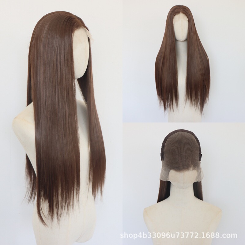 Cross-border new product 13X6 large-area high-temperature silk brown long straight synthetic lace full-head wig