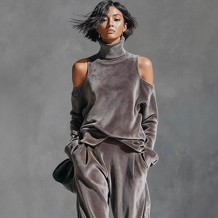 European and American Autumn and Winter Women's Fashion Casual Sports Suit Korean Velvet Long-Sleeved Solid Color High-Neck Zipper Wide-Leg Pants