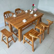 老榆木餐桌实木长方形家用饭店餐厅原木板靠背椅子餐桌椅组合现代