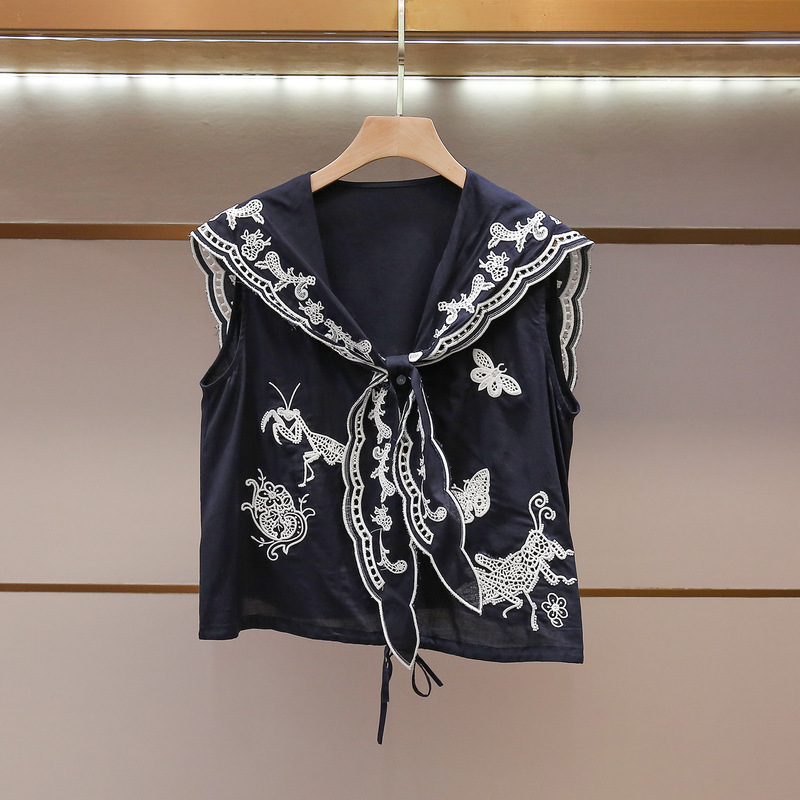 Shenzhen Nanyou High-End Women's Clothing New Summer French Fashionable Design Embroidered Navy Collar Sleeveless Vest Top