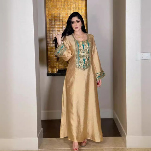 Dubai Arab Export Cross-border Dubai Arabian Women's Clothing Gold Silk Sequins High-grade Beauty Robe Women's Long Dress