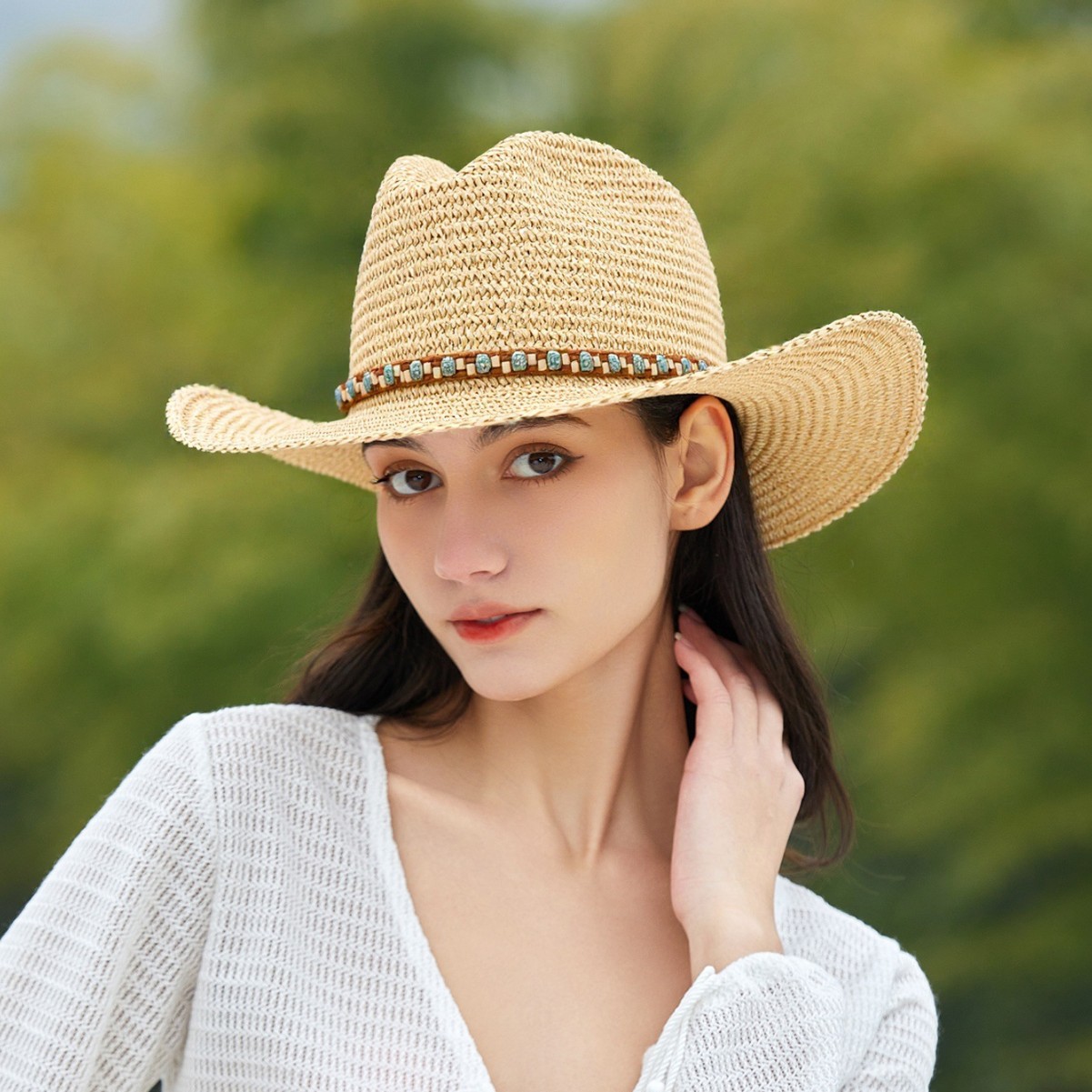 Dames cowboyhoed van stro met brede rand zomer zonbescherming_voghion.com