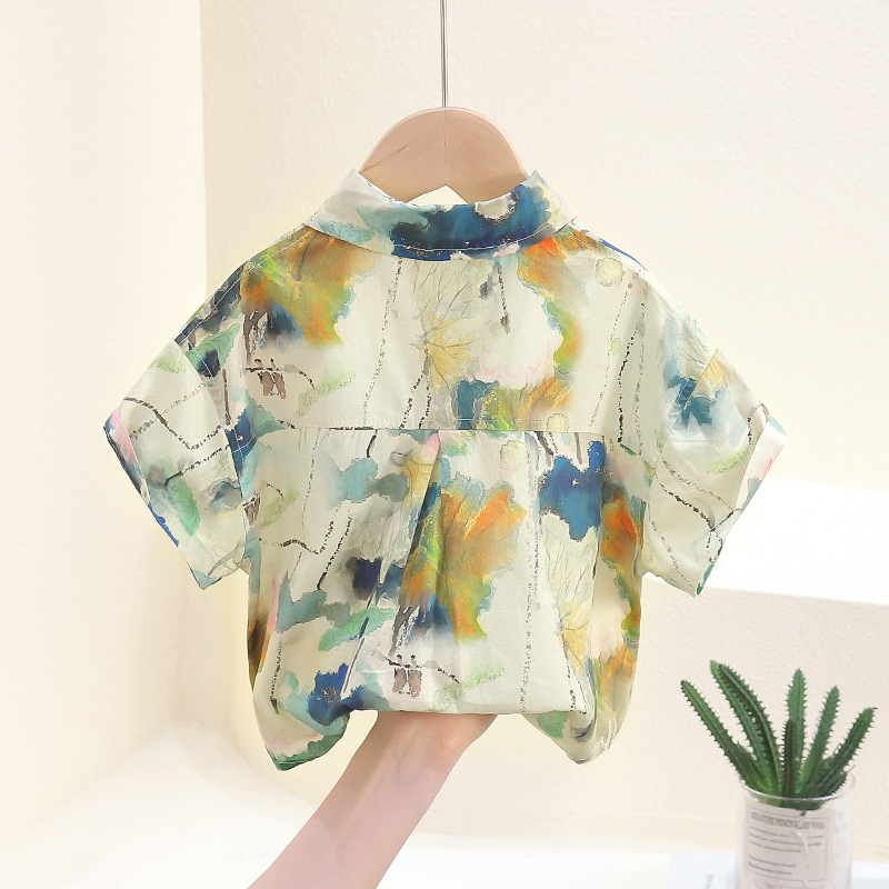7847 Camisa de manga corta de verano para niños 2025 Camisa de pintura en tinta guapa para niños de nuevo estilo Camisa de media manga para bebés Tapa fina