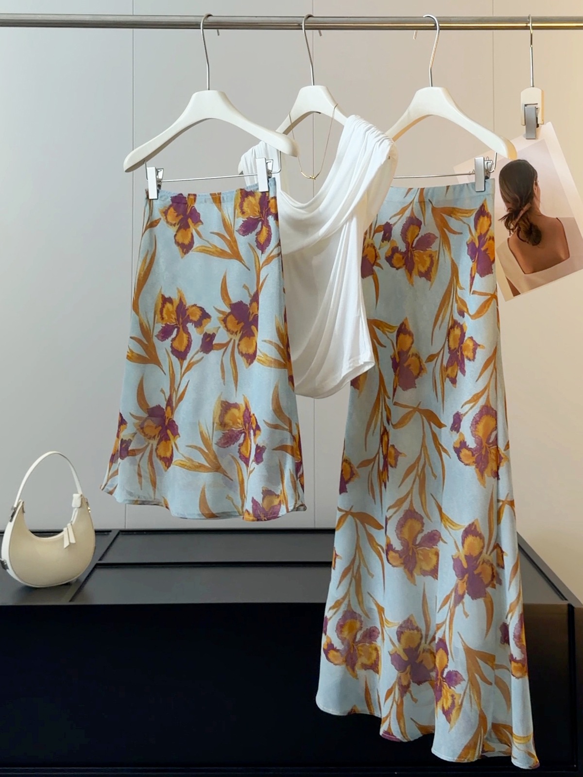 French Iris Floral Print Midi Skirt For Women, High-Waisted Flowy A-Line Chiffon Skirt With Mermaid Hem For Summer_ecoleips.com