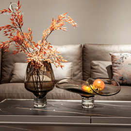 晶淳 高级水晶料泥色深棕色现代风高级玻璃花瓶果盘套装 客厅装饰