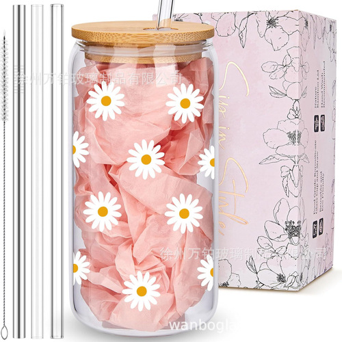 Cross-border hot sublimation cola cup bamboo lid with straw glass cup transparent Mason jar juice coffee cup beer cup