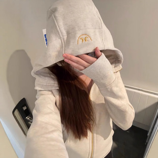 Lulu Autumn and Winter New Gold Label fleece-lined Zipper Hooded Jacket Slim-Fit Slimming Embroidered Cardigan Sweater Top