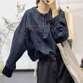 新品时尚牛仔贴布大口袋半开扣套头衬衫百搭休闲衬衣女