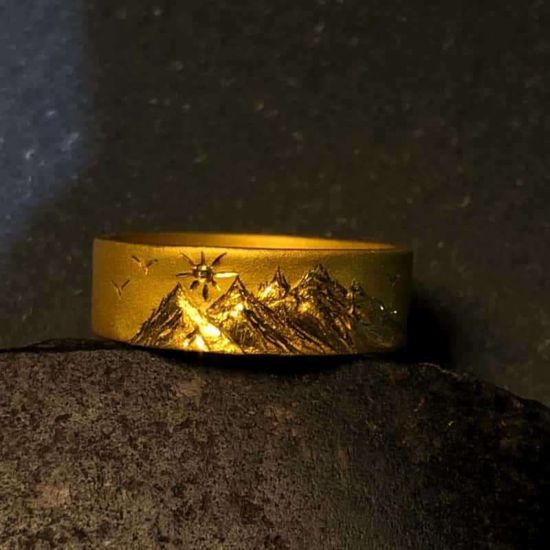群山环绕手工打造足金黄金戒指固口男士
