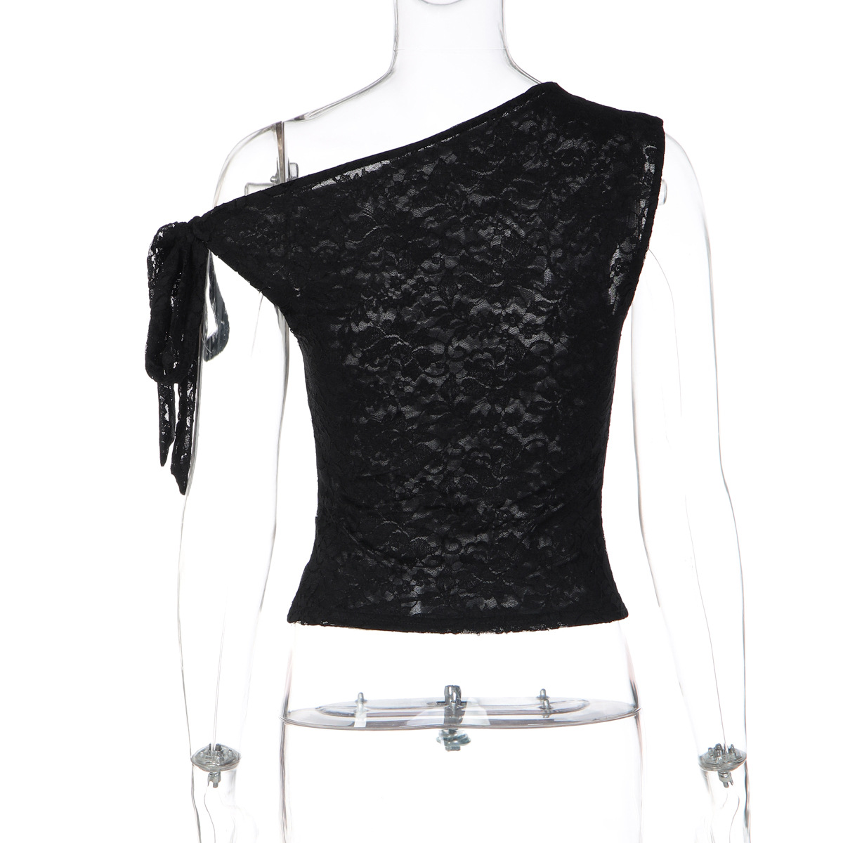 Europe, America 2026 Summer New Fashionable And Sexy Lace Mesh Composite Slim-fitting Semi-transparent Diagonal Neck Lace-up Top_ecoleips.com