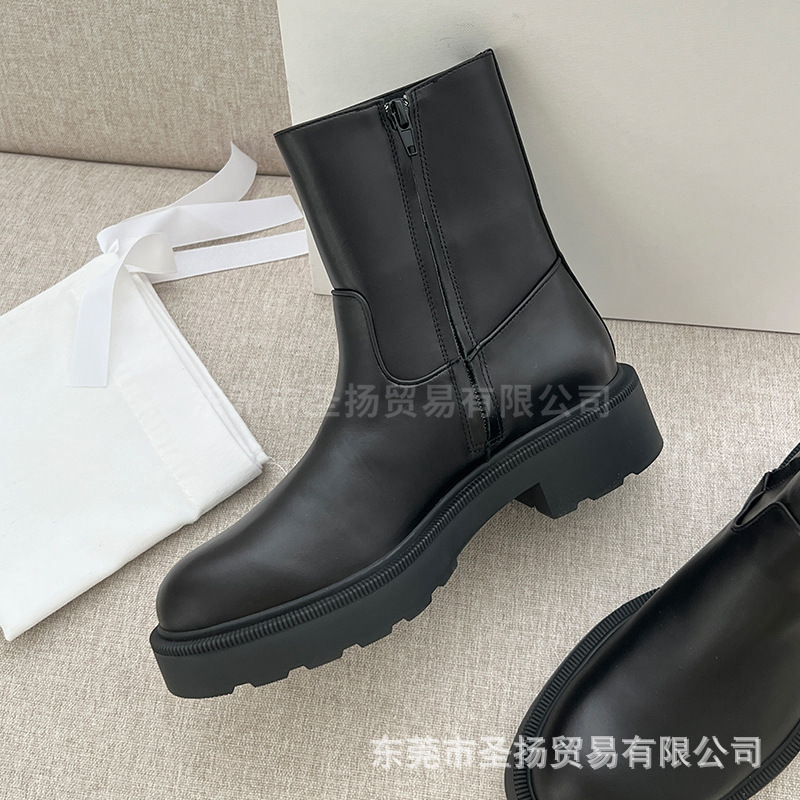 高版The*Row牛皮短靴圆头厚底增高侧拉链小个子切尔西马丁靴子女|undefined