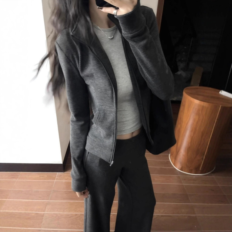 韩系气质休闲运动服套装女春秋修身显瘦半高领开衫卫衣长裤两件套|undefined