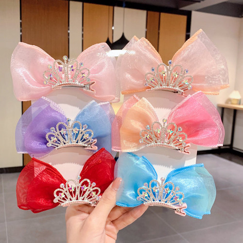 Children's Super Fairy Bow Hairpin Princess Crown Hairpin Cute Baby 3D Netting Headpiece Little Girl Hair Accessory 