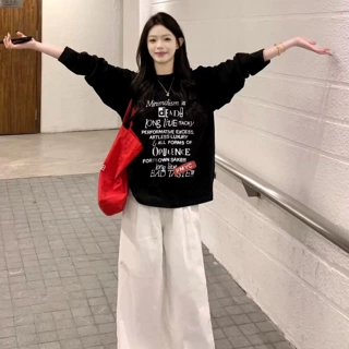 100%纯棉长袖T恤上衣女秋冬季新款慵懒风印花宽松显瘦百搭打底衫