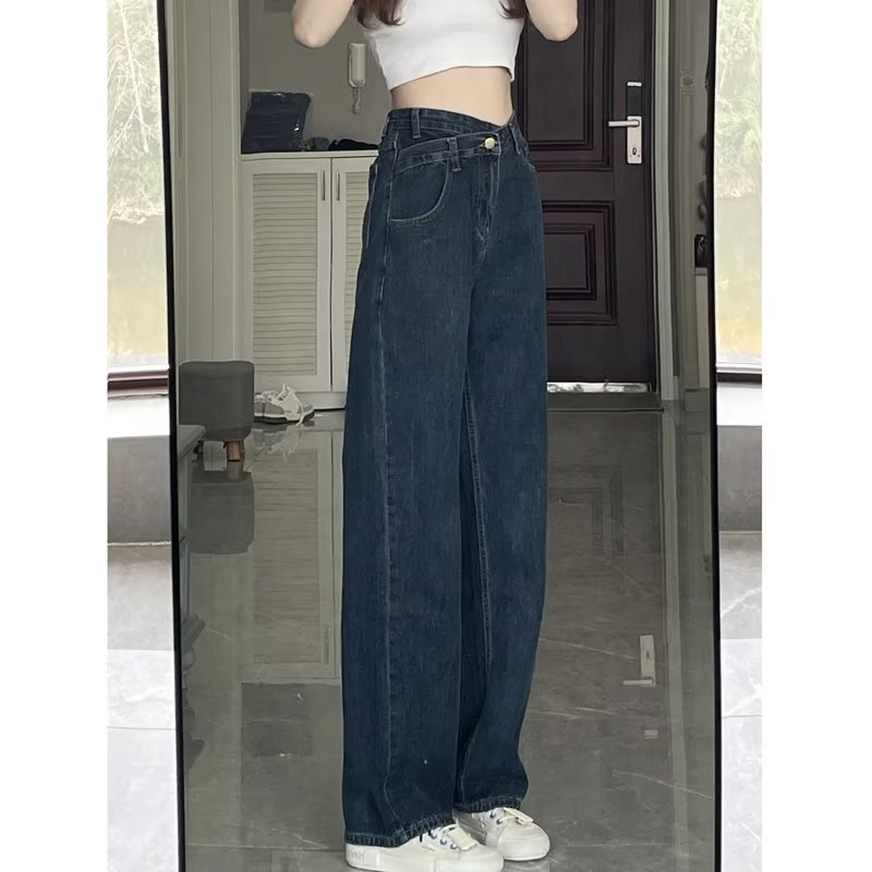 High Waist Blue Grey Wide Leg Jeans Women's Autumn New Cross Waist Small Loose All-match Straight Pants