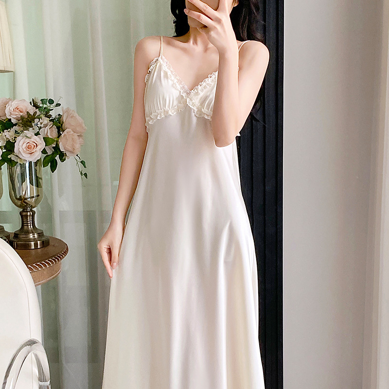 Spring and Summer Sexy Camisole Nightgown with Chest Pads, Long Two-Piece Set, Ice Silk Sleepwear, Thin Long-Sleeve Robe for Tall Individuals