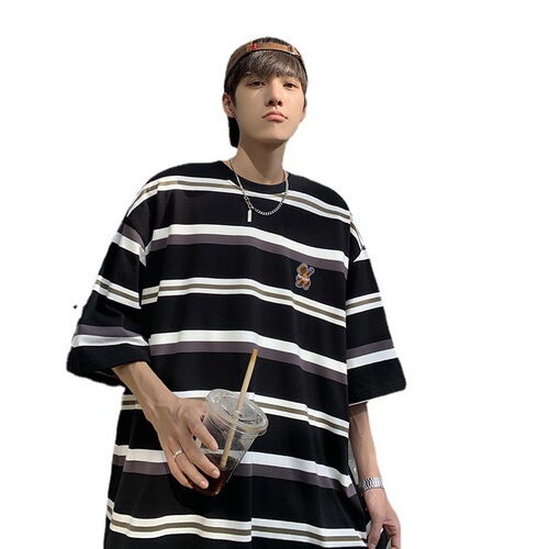 Men's and Women's Summer Trend Striped Short Sleeve T-shirts Loose and Versatile Lazy Style Couple's Five-Pointer T-shirts