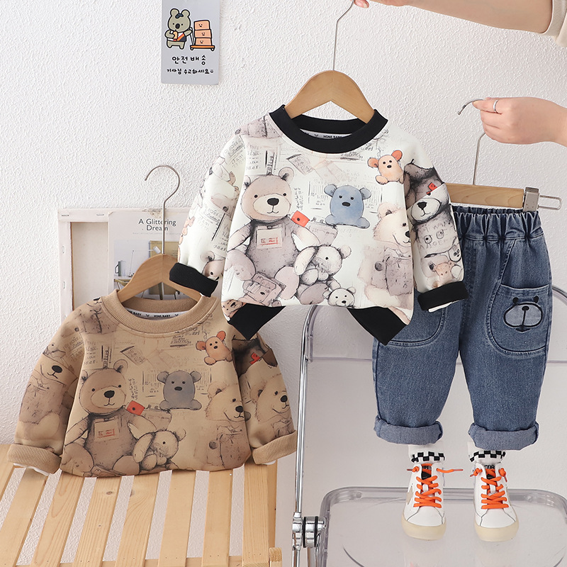Sudadera con capucha para niños cuello redondo, estilo coreano – set con diseño de oso cute, primavera 2025.