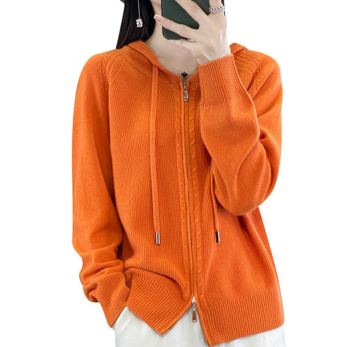 Women's autumn and winter hoodie double zipper hooded sweater outer knitted sweater cardigan premium texture