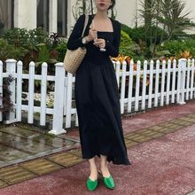 法式赫本方领长袖连衣裙女2023秋季新款小个子长裙黑色裙子