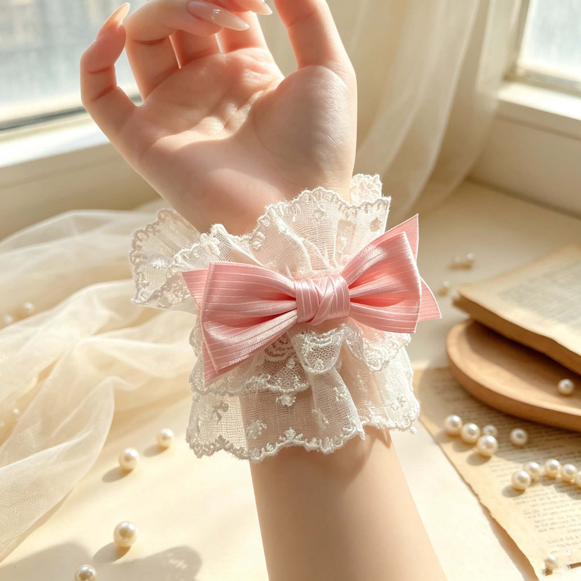 Super de hadas encaje arco de encaje brazaje Lolita accesorios juvenil dulce atmósfera sensación de mangas decorativas