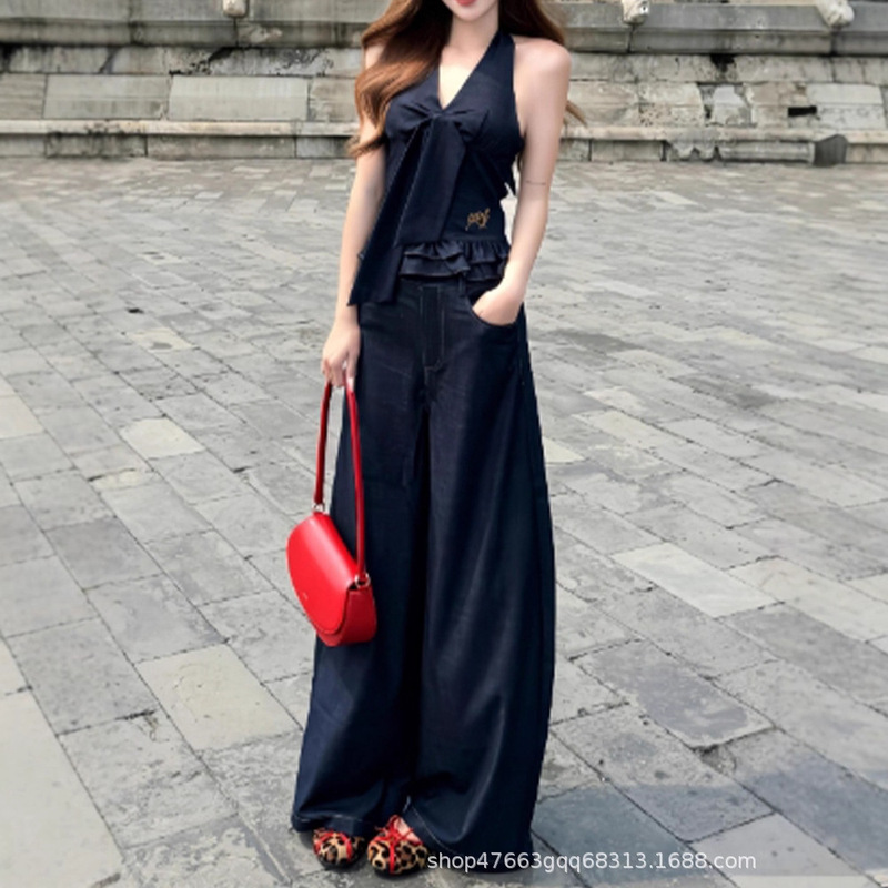 Korean Retro Denim Suit for Women Summer New Style Bow Halterneck Camisole Straight Wide Leg Pants Two-Piece Set Korean Retro Denim Suit for Women Summer New Style Bow Halterneck Camisole Straight Wide Leg Pants Two-Piece Set