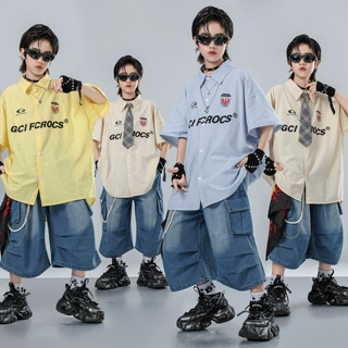 儿童街舞演出服套装少儿洋气练功走秀条纹短袖衬衫牛仔中裤定 制