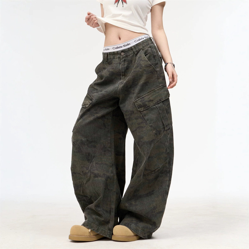 Vintage high street American-style camouflage jeans, niche low-waist women's scythe pants with pocket design, casual long pants