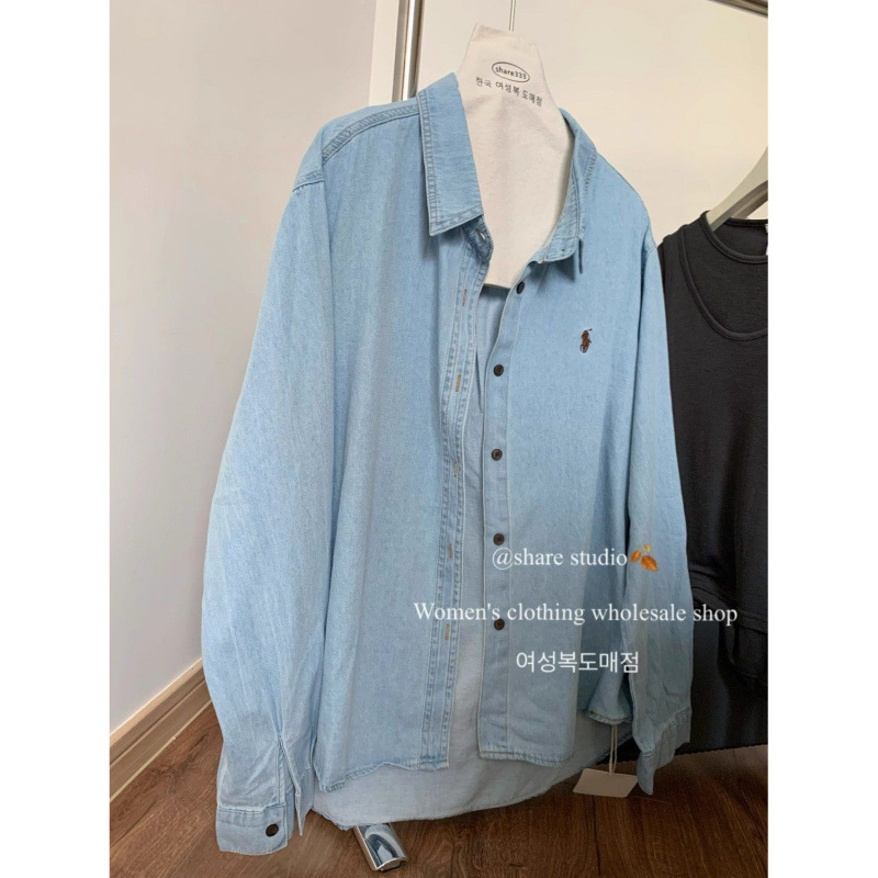 2025 Spring and Autumn Embroidered Light Denim Shirt Women's Classic Loose and Easiest for Match Korean Casual Long Sleeve Shirt Jacket