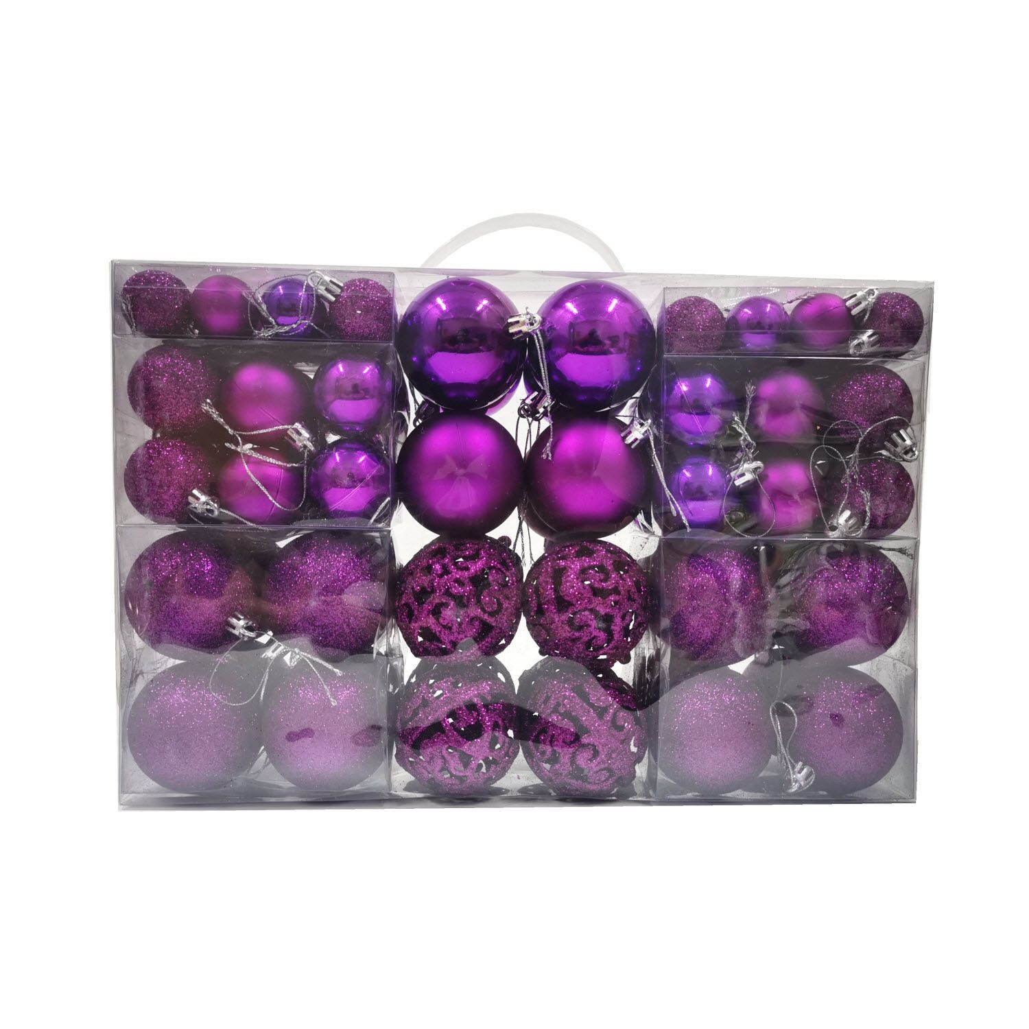 Juego de 100 bolas huecas de Navidad en caja de regalo, de 3 cm, 4 cm y 6 cm, paquete múltiple, adornos para colgar en el árbol de Navidad.