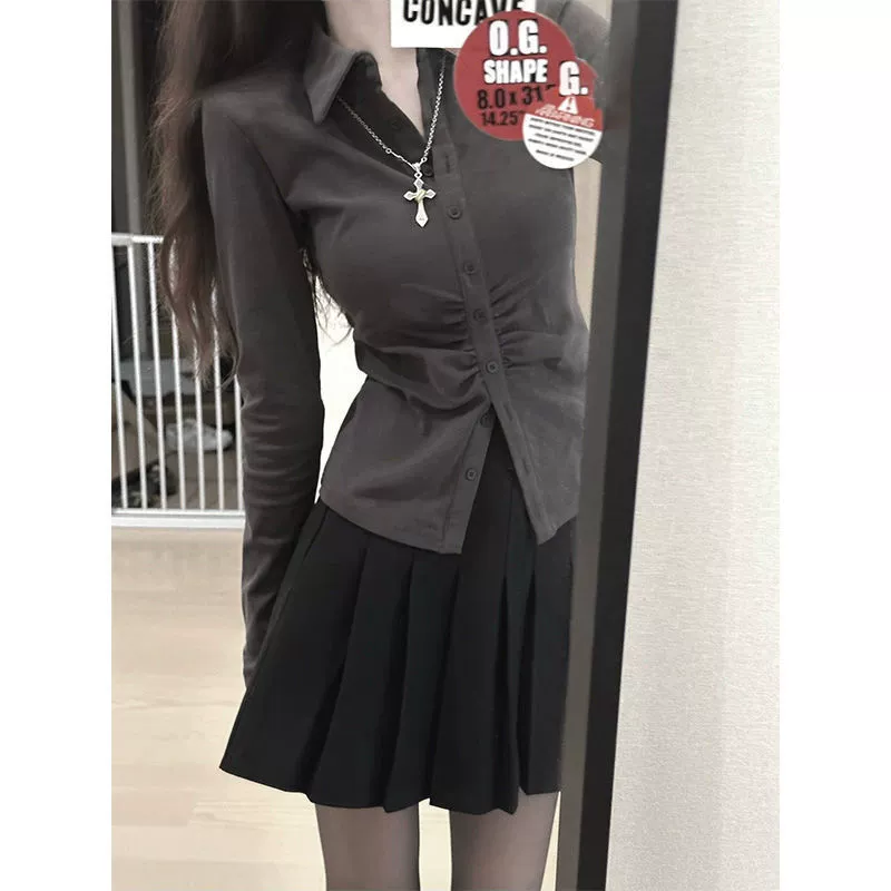 Костюм рубашка и плиссированная юбка JK style, высокая талия, весенний для женщин, чёрный